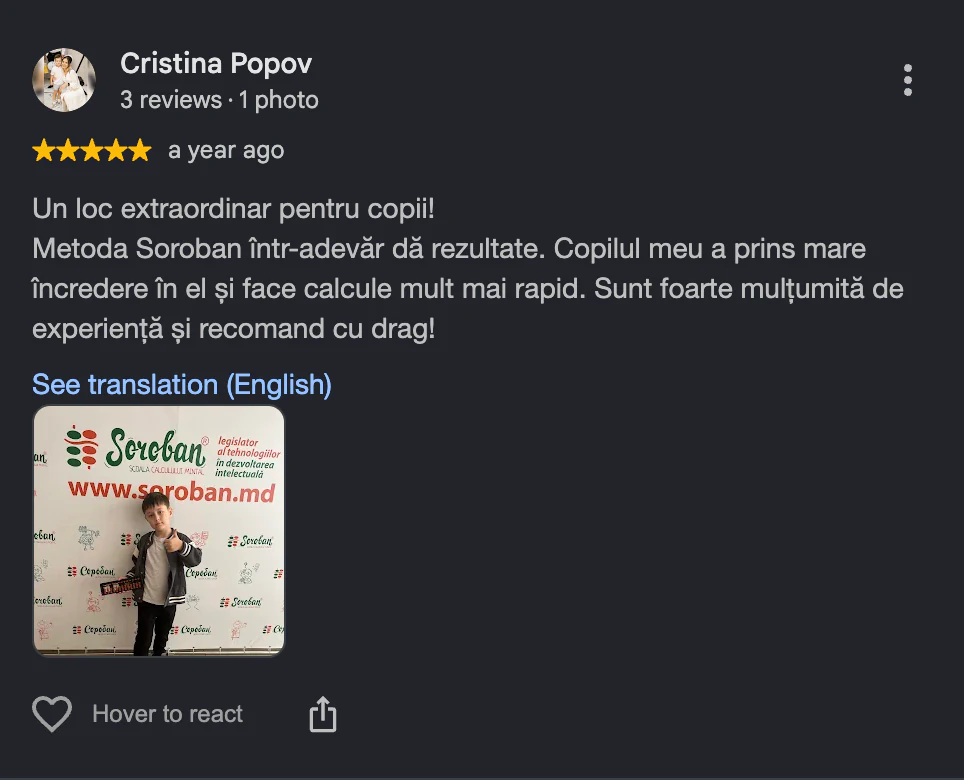 Captură cu o recenzie de pe Google Maps: «Cristina Popov», evaluare de 5 stele, recenzie pozitivă despre școala SOROBAN