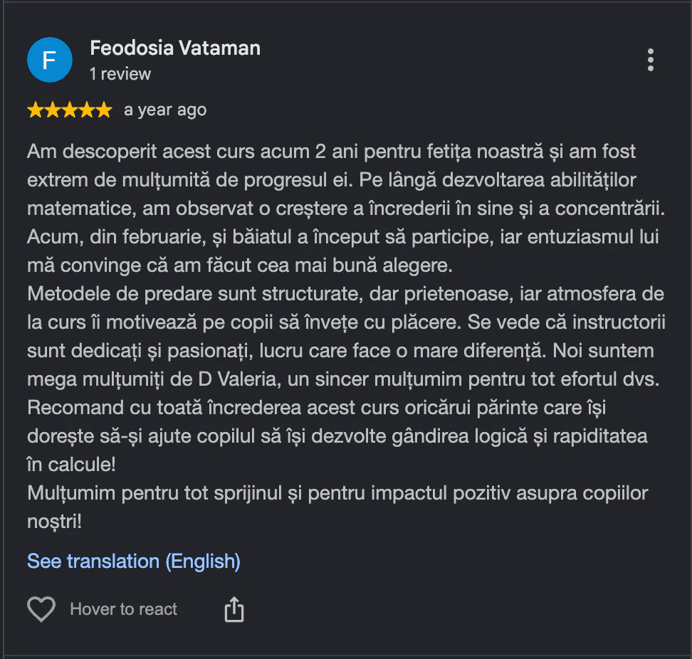 Captură cu o recenzie de pe Google Maps: «Feodosia Vataman», evaluare de 5 stele, recenzie pozitivă despre școala SOROBAN