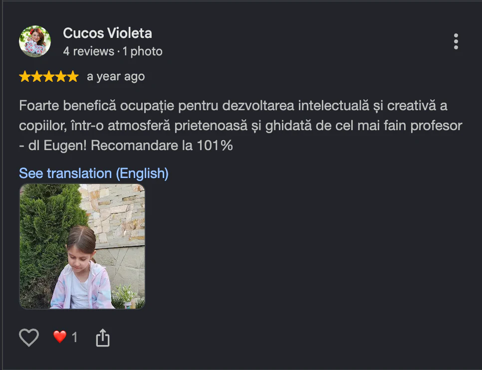 Captură cu o recenzie de pe Google Maps: «Cucos Violeta», evaluare de 5 stele, recenzie pozitivă despre școala SOROBAN