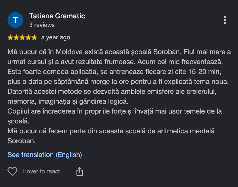 Captură cu o recenzie de pe Google Maps: «Tatiana Gramatic», evaluare de 5 stele, recenzie pozitivă despre școala SOROBAN