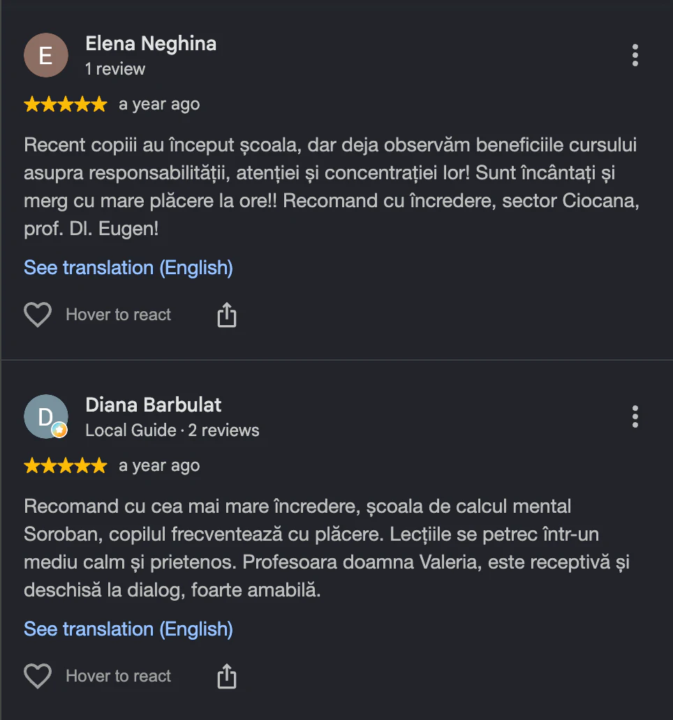 Captură cu o recenzie de pe Google Maps: «Elena Neghina» și «Diana Barbulat», evaluare de 5 stele, recenzie pozitivă despre școala SOROBAN