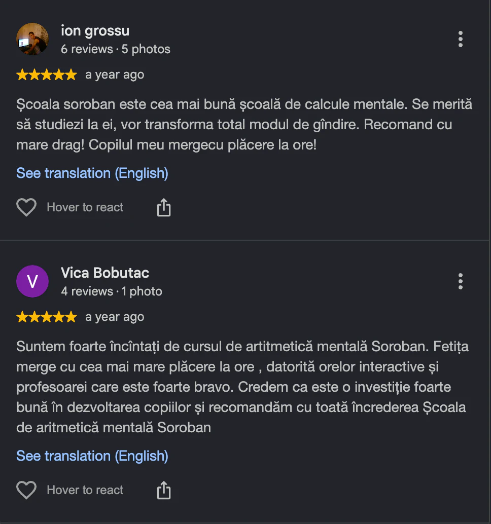 Captură cu o recenzie de pe Google Maps: «ion grossu» și «Vica Bobutac», evaluare de 5 stele, recenzie pozitivă despre școala SOROBAN