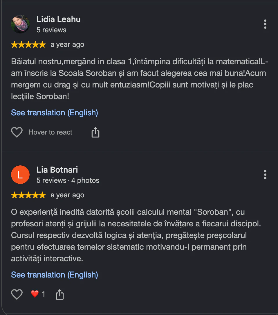 Captură cu o recenzie de pe Google Maps: «Lidia Leahu» și «Lia Botnari», evaluare de 5 stele, recenzie pozitivă despre școala SOROBAN