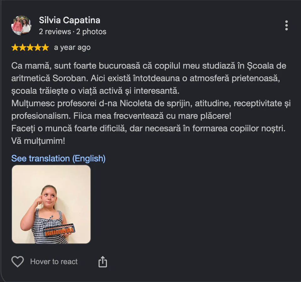 Captură cu o recenzie de pe Google Maps: «Silvia Capatina», evaluare de 5 stele, recenzie pozitivă despre școala SOROBAN