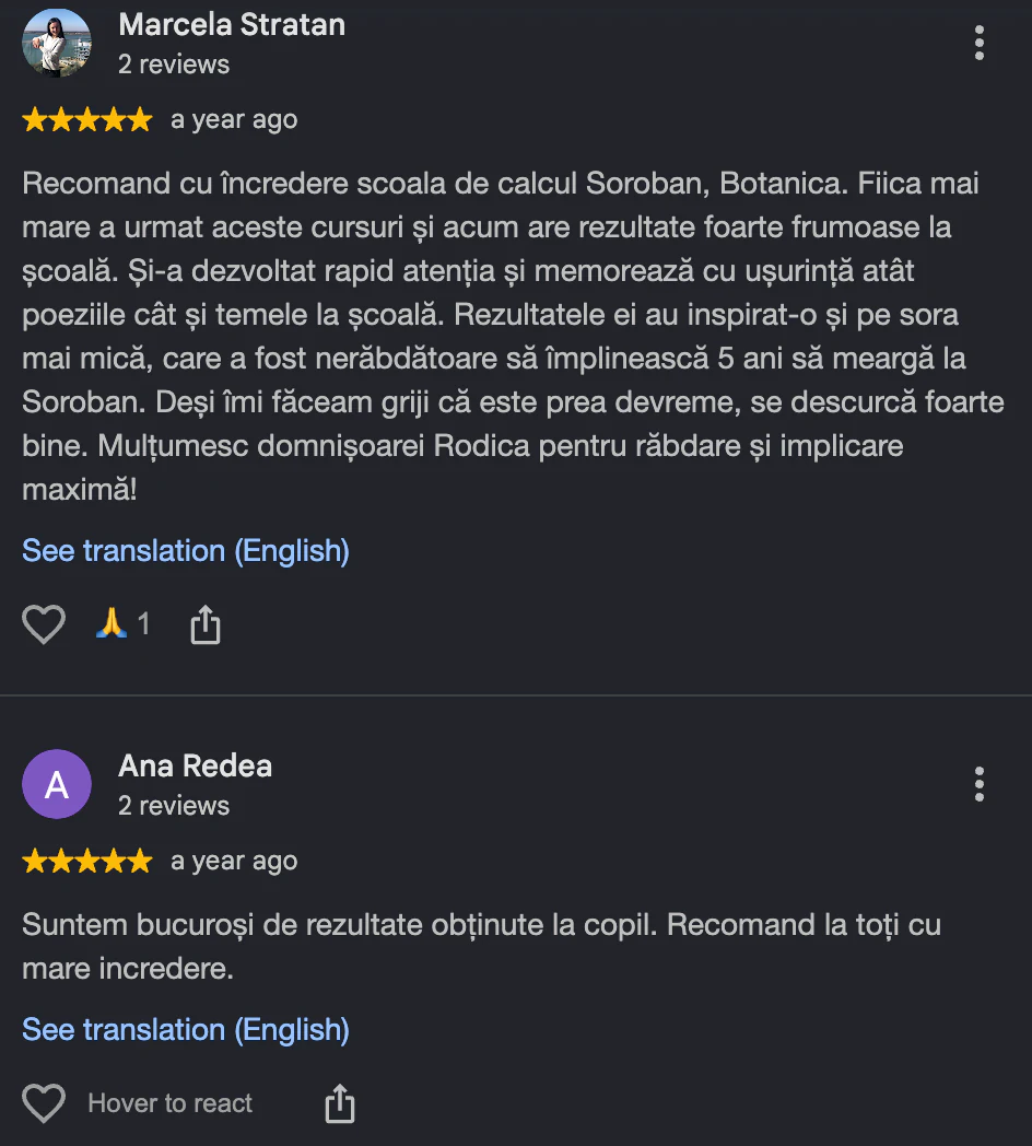 Captură cu o recenzie de pe Google Maps: «Marcela Stratan» și «Ana Redea», evaluare de 5 stele, recenzie pozitivă despre școala SOROBAN