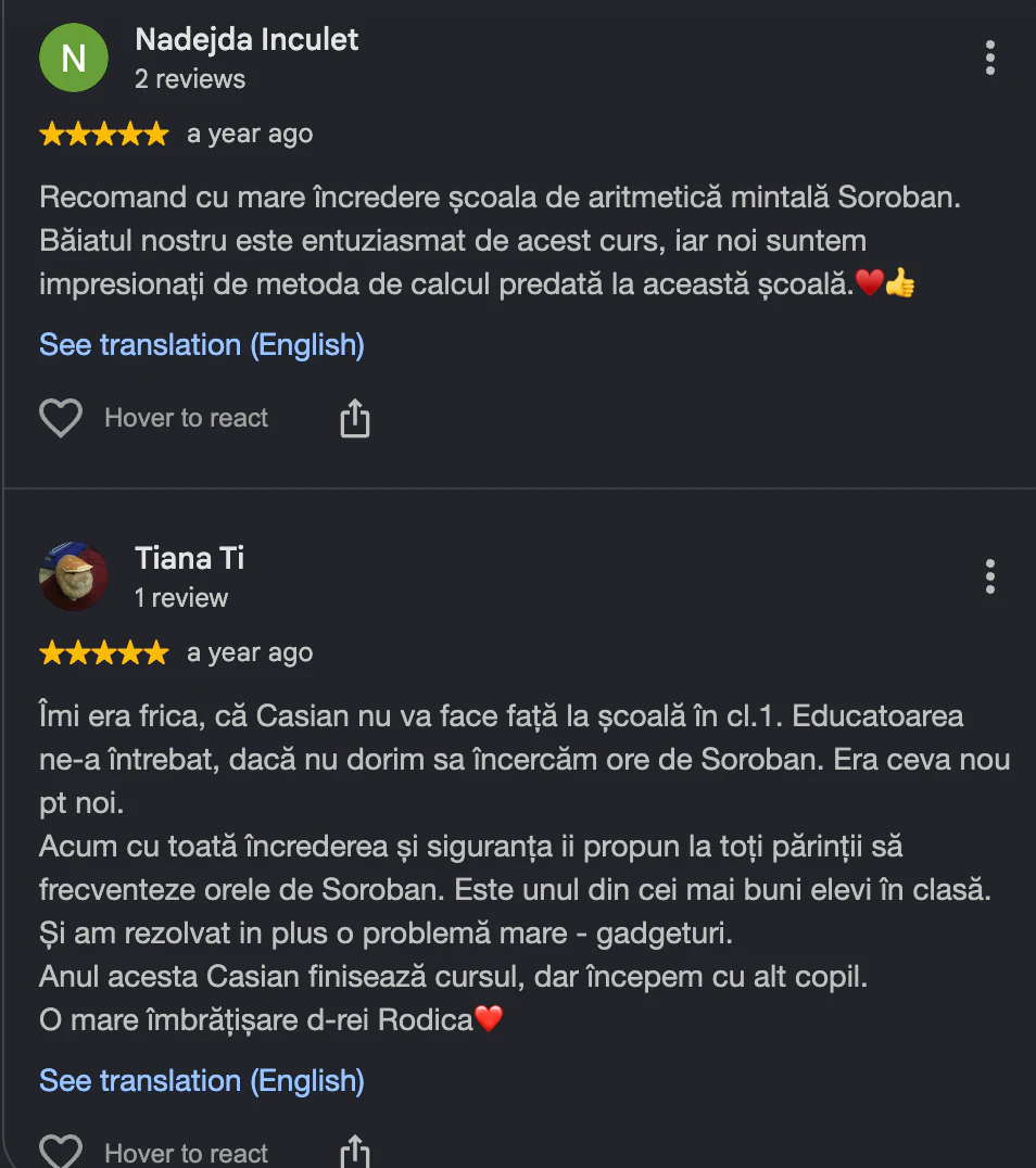 Captură cu o recenzie de pe Google Maps: «Nadejda Inculet» și «Tiana Ti», evaluare de 5 stele, recenzie pozitivă despre școala SOROBAN